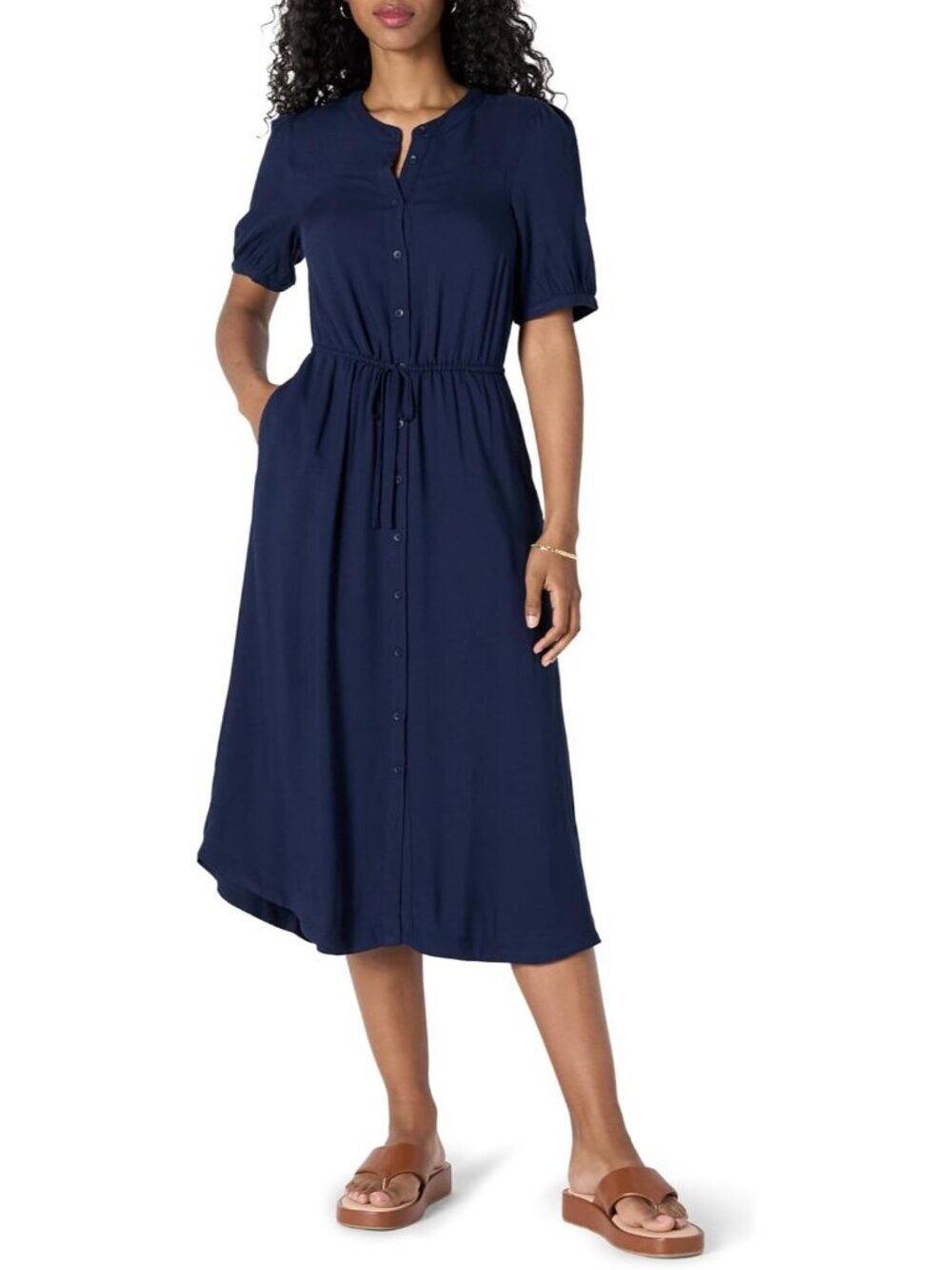 Women's Navy Button Feminine Half Sleeve Waisted Comfortable Midi A-line Dress